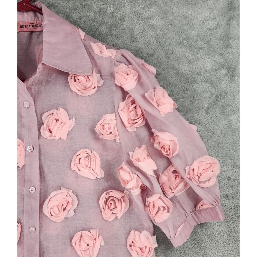 The Retreat Collection Shirt Womens Large Pink Floral Button Up Short Sleeve - Picture 8 of 9
